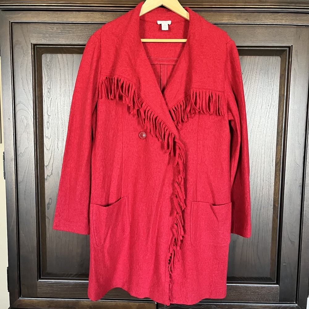 CHICO'S Boiled Wool Blend Long Jacket With Fringe Women Size 2 Large Red Artsy